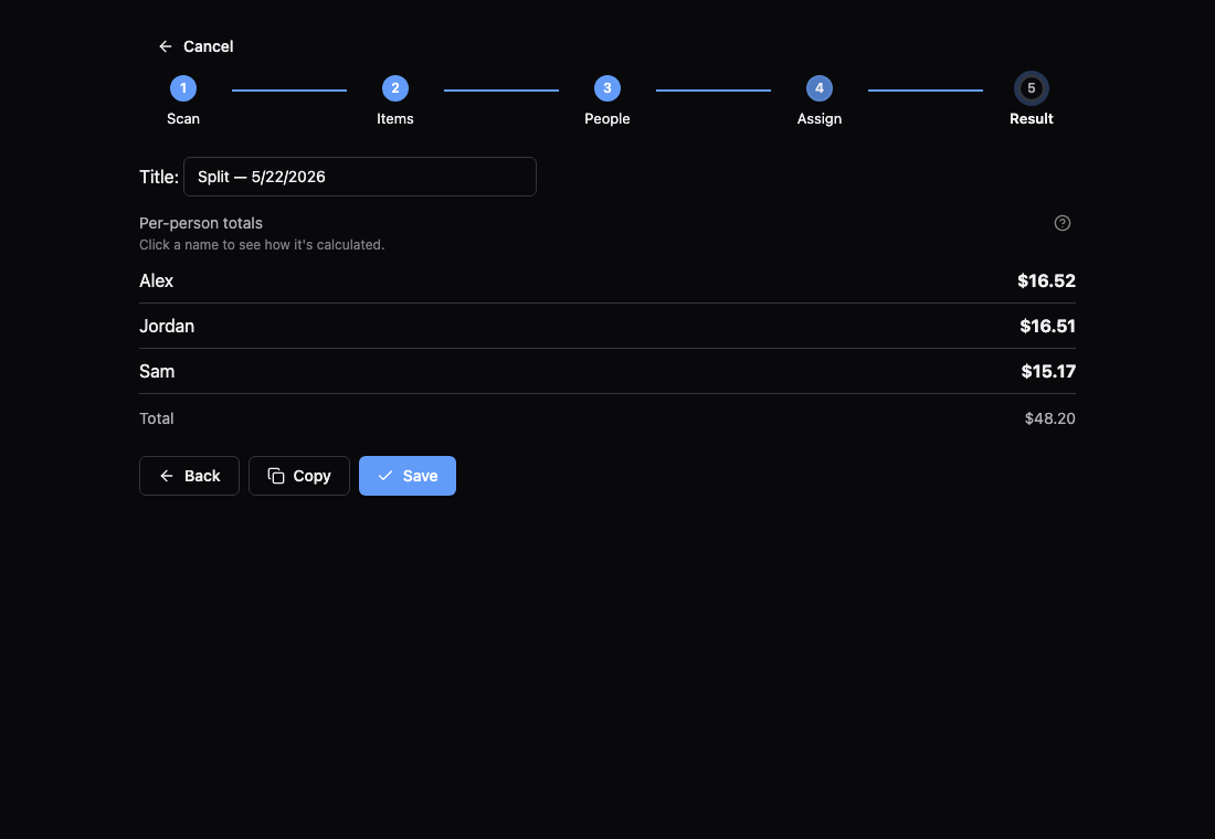 ScanSplit Step 5 — per-person totals